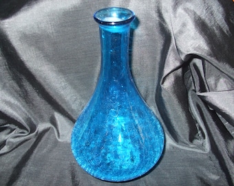 Vintage Blue Crackle Glass Vase, MCM  Decor, Blown Mid Century Style Decanter