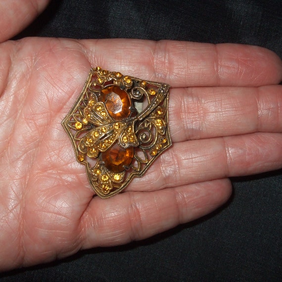 Vintage Yellow and Brown Glass Fur Clip or Dress … - image 5