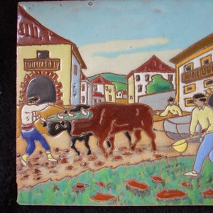 Vintage Sevilla Spain Mensaque Tile Art, Working with Bulls, Colorful Men Practicing Bullfighting Technique Tile,  Cuerda Seca Matador Theme