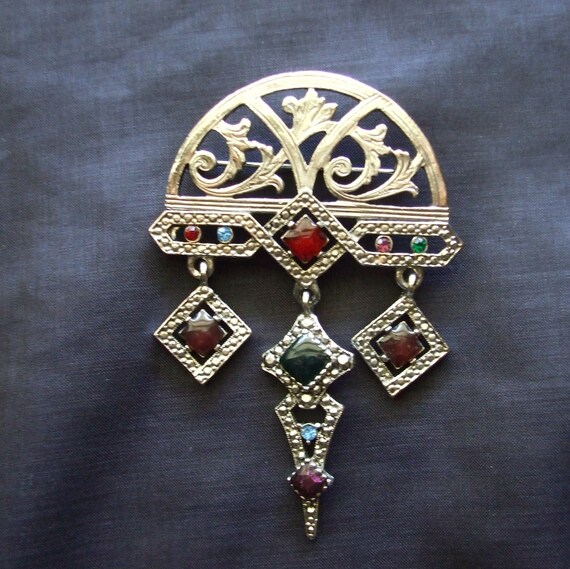 Vintage Art Deco Style Brooch, Big Dangling Silve… - image 1