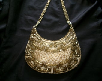 Vintage Walborg Tiny Beaded Bag, Small Evening Purse Made in Hong Kong, Gold and Silver Tone with Golden Chain