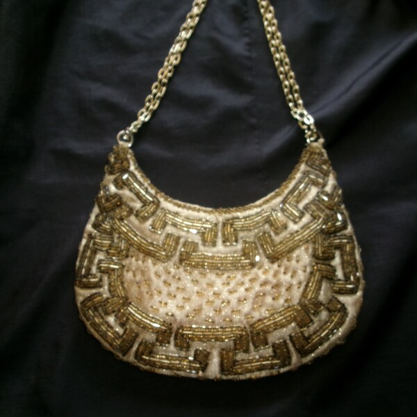 Vintage Walborg Tiny Beaded Bag, Small Evening Purse Made in Hong Kong, Gold and Silver Tone with Golden Chain