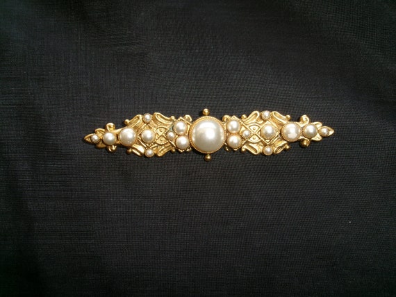 Vintage Faux Pearl Bar Brooch, Large Victorian St… - image 7