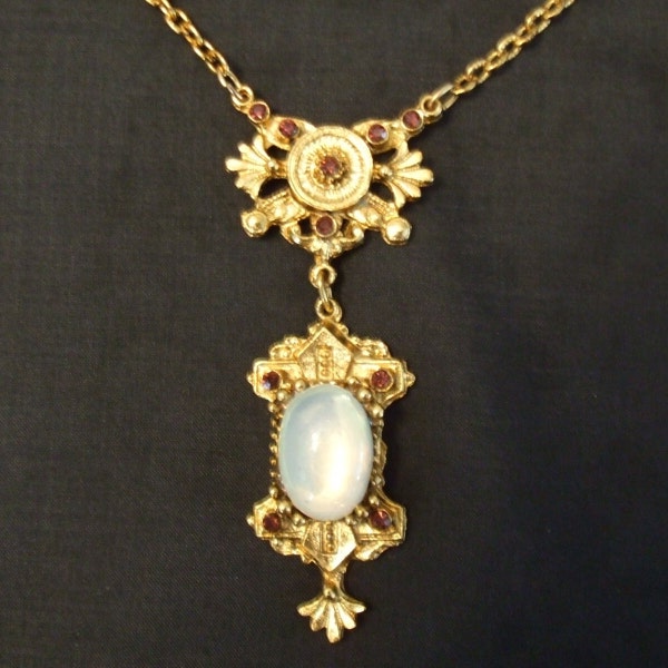 Vintage Victorian Revival Lavalier by LJM, Faux Moonstone Rhinestone Aesthetic Necklace by Laurentian Jewelry Manufacturing Co