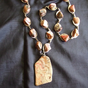 Vintage Leopard Skin Jasper Necklace, Concho Nugget Style with Pendant Necklace, Seventies Stone Necklace
