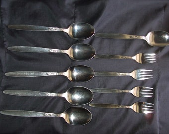 Vintage Amefa Holland Stainless Flatware, Tulip Time Lot 10 Pieces MCM Forks, Spoons