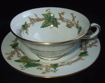 Vintage Minton Lothian Pattern Cup and Saucer , Fine Bone China England , Green Ivy Cup Saucer