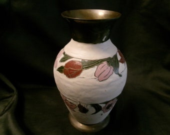 Vintage Brass Painted or Enameled Vase, Boho Style Floral Pattern Vase