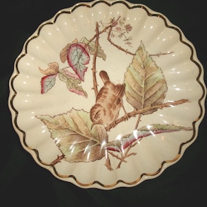 May include: Cream-colored, scalloped-edge plate with a gold rim. The plate features a detailed illustration of a brown bird perched on a branch with leaves in shades of green, pink, and brown. A decorative piece.