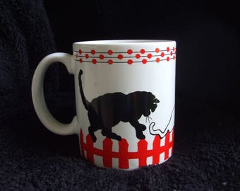 Cats Walking on Fence Mug By Lord And Taylor, White and Red Mug with Black and White Cats