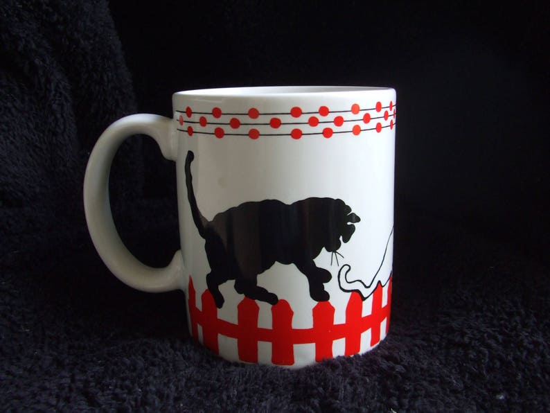 Cats Walking on Fence Mug By Lord And Taylor, White and Red Mug with Black and White Cats image 1