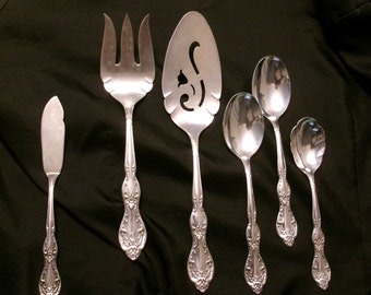 Vintage International Silver Beverly Manor Lot, Set 6, Silverplated Pie Server, Meat Serving Fork, Butter Knife, Sugar Spoon, 2 Place Spoons
