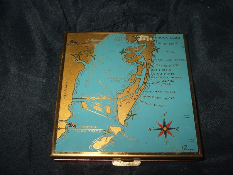 Vintage Volupte Miami Beach Map Compact HTF Unusual Mirrored Compact with decor by Gaige Tourist Attractions