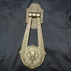 Antique English Neoclassical Door Knocker, Large Solid Brass Doorknocker, Zeus or North Wind Man Face, Victorian 1800s Hardware