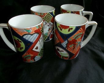 Vintage Neiman Marcus Imari Mugs, Set of 4 Japanese Style Pattern Mugs