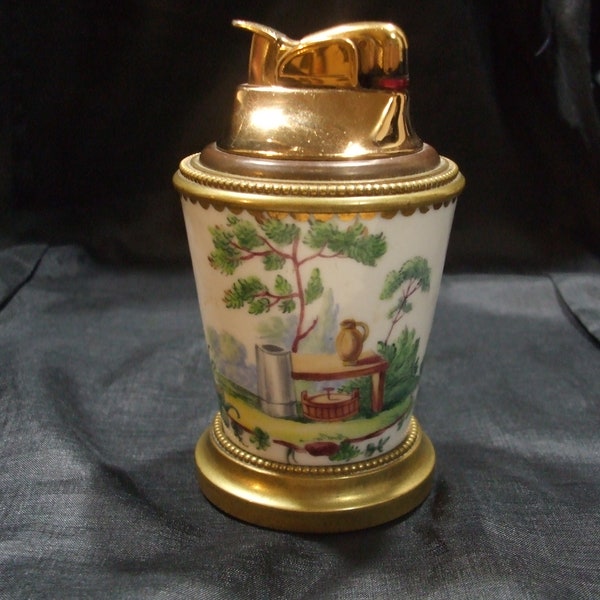 Vintage Evans Porcelain Table Lighter, Provencial Pastoral Picnic Scene, Made in USA