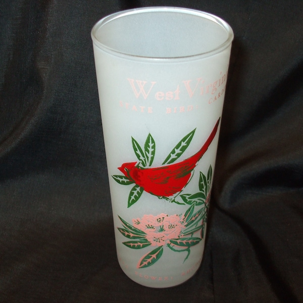 Vintage West Virginia Tumbler, State Souvenir Glass, State Bird Cardinal, State Flower Rhododendron