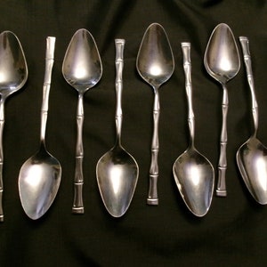 Vintage Excel Cutlery Bamboo Cane Pattern Set of 8 Place or Soup Spoons,  Mid Mod Stainless Steel, Made in Korea Flatware