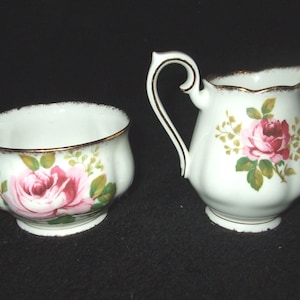 Vintage American Beauty Pattern Creamer and Sugar Bowl , Royal Albert Fine Bone China England , Cream Pitcher  and Open Sugar Bowl