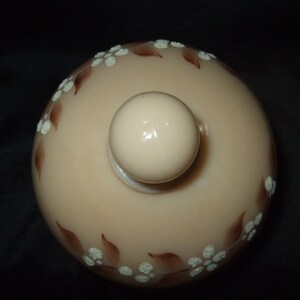 May include: A pale pink glass jar with a white knob lid. The jar is decorated with a floral pattern of white flowers and brown leaves.