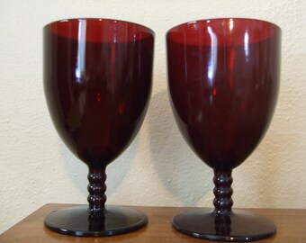 Vintage Pair Royal Ruby Red Anchor Hocking Glasses, Set of 2 Ball Stemmed Water, MCM Monarch Beaded Stem Cocktail Glasses
