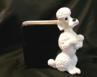 Adorable Vintage Poodle Puppy Planter, Little Begging Dog Black and White Old Planter