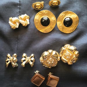 Vintage Lot Goldtone Clip On Earrings, Monet, Renoir Set of 6 Pair, Copper, Faux Pearl, Rhinestone, Bows Clip Ons, Old Costume Jewelry