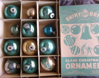 Vintage Shiny Brite Glass Christmas Ornaments, Original Box, Large USA Made, 12 Old Christmas Decorations, Turquoise Blue Stripes Bells