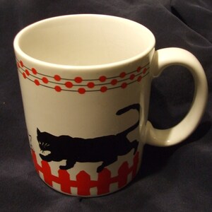 Cats Walking on Fence Mug By Lord And Taylor, White and Red Mug with Black and White Cats image 3