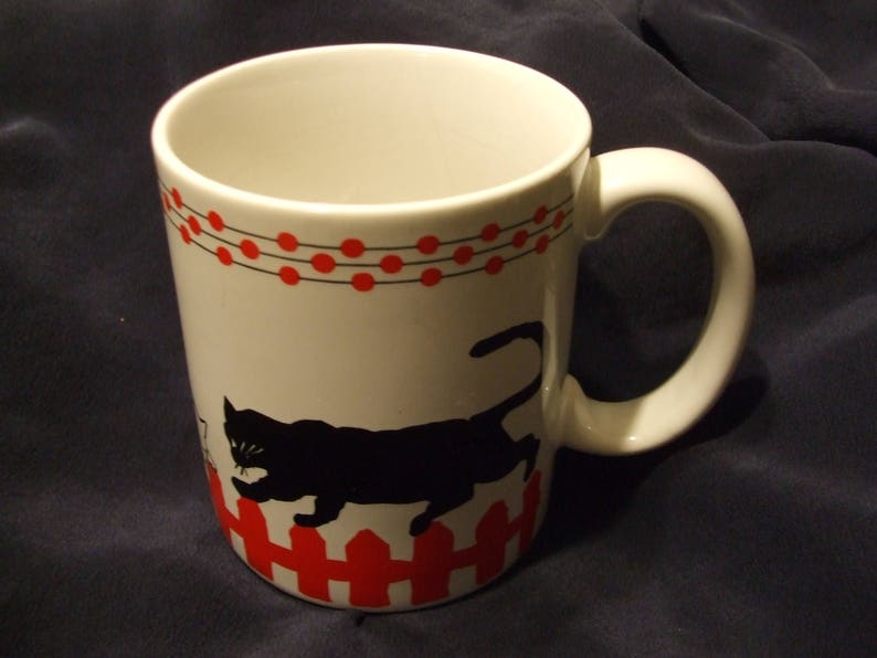 Cats Walking on Fence Mug By Lord And Taylor, White and Red Mug with Black and White Cats image 3