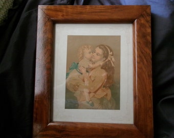 Antique Wood Frame with Good Night Print, Baby Kissing Mother,  Thick Vintage Wooden Frame, Beautiful Old Original Frame