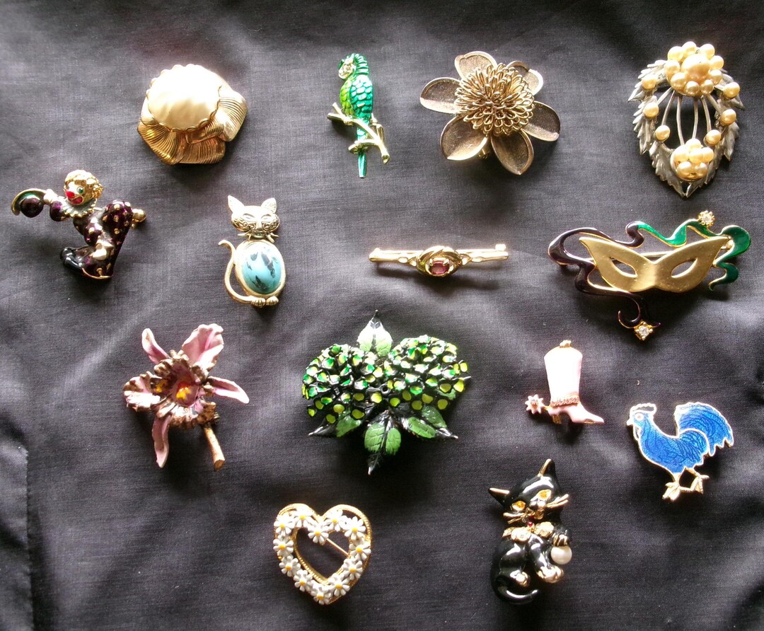 Vintage Lot of 14 Assorted Pins, Old Brooches Collection, Cats, Florals ...