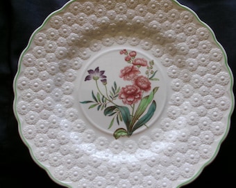 Vintage Copeland Stock Luncheon Plate, Embossed Pattern with Green Trim and Floral Center 2 9366