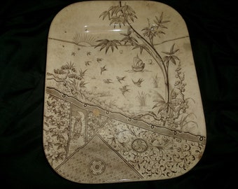 Antique Gildea Walker Mayers Melbourne Plate, English Ironstone, Victorian Aesthetic Movement Large Platter with Owl and Swallows AS FOUND