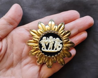 Vintage Large Cameo Mid Century Brooch, Convertible Dancing Cherubs Pendant Pin