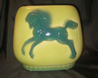 Vintage Prancing Pony MCM Planter, Unsigned Mid Century Modern Horse Decor, Hot to Trot Green and Yellow