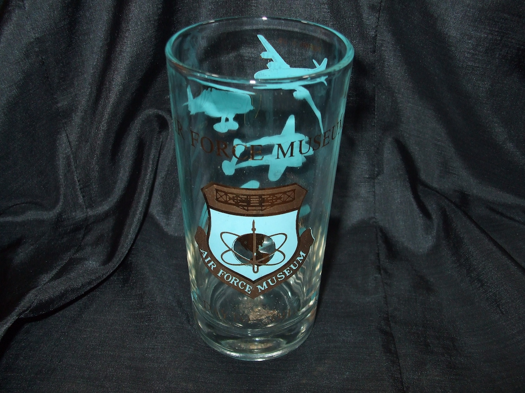 Vintage Blue and Gold Souvenir Glass, Air Force Museum Dayton Ohio, MCM