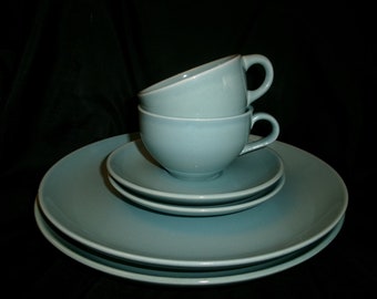 Vintage Iroquois Casual China, Russel Wright MCM Ice Blue Lot of 2 Cups 2 Saucers 2 Plates, 1 Original Cup 1 Redesigned Cup, Please Read