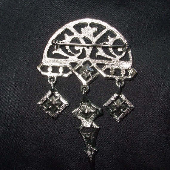 Vintage Art Deco Style Brooch, Big Dangling Silve… - image 6