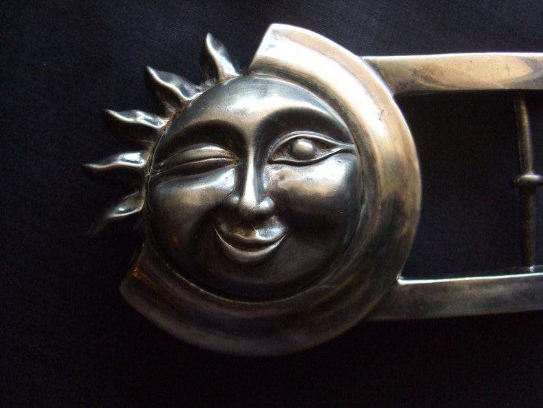 Vintage Sun and Moon Face Belt Buckle Unsigned Silver Tone Buckle