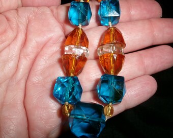 Vintage Blue and Golden Brown Glass Bead Necklace, Old Art Deco Czech Glass Bead Choker, Needs Restrung