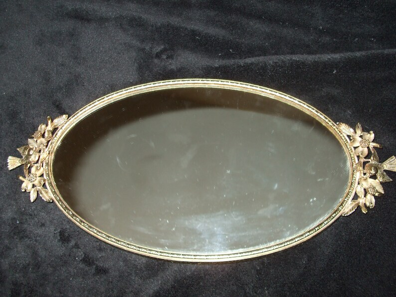 Vintage Matson Gold Fl And Bird Vanity Mirror Tray Goldtone Dogwood Trinket Holder Hollywood Regency Bath Decor
