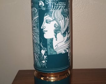Vintage Hollohaza Hungary MCM Vase, ENDRE SZÁSZ Teal Green and White with Gold, Mod Surreal Psychedelic Motif