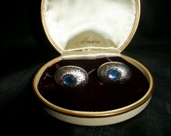 Vintage Anson Silvertone and Blue Mid Century Cufflinks in Presentation Case, Silver Tone Rhinestone Cuff Links