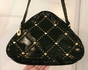 Vintage Black Patent and Studs Pantera Bag, 80s Crossbody Rocker Chick Handbag, Shiny Studded Black Triangular Bag