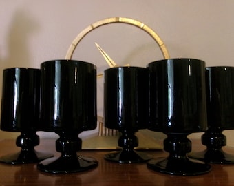 Vintage MCM Black Glass Cocktails, Set of 5 Juice or Cocktail Glasses, HTF Italianate Glassware