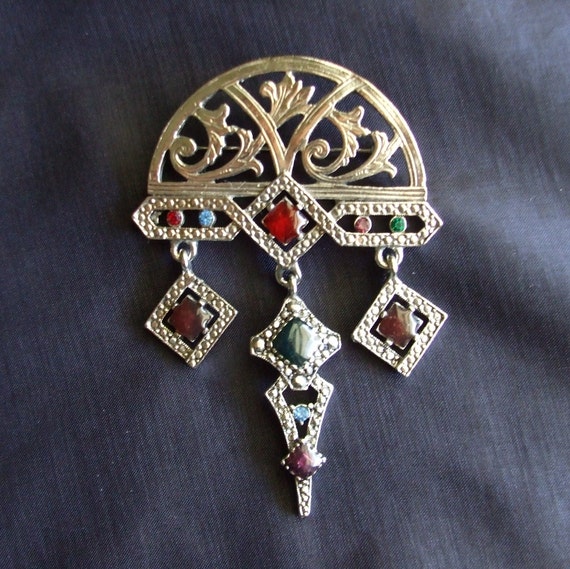 Vintage Art Deco Style Brooch, Big Dangling Silve… - image 3