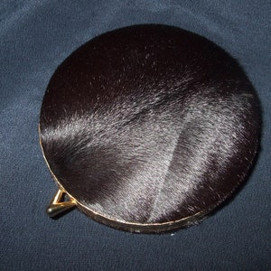 Vintage Black Calfhair Goldtone Compact , Made in Argentina , HTF Unusual Older Calf Hair Mirrored Compact