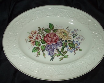 Antique Unusual Wedgwood Borgon Platter , Medium Oval Vintage Floral Decor 14 Inch Platter , Old Serving Plate with Flowers