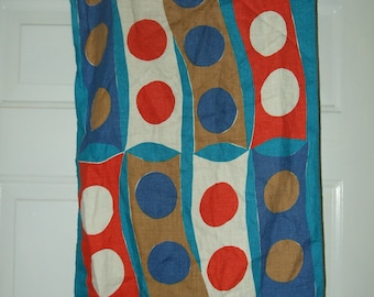 Vintage Vera Geometric Stripe Printed Tea Towel, Bright Retro Kitchen Towel with Blue, Tan  and Coral, Vera Neumann Linen Ladybug